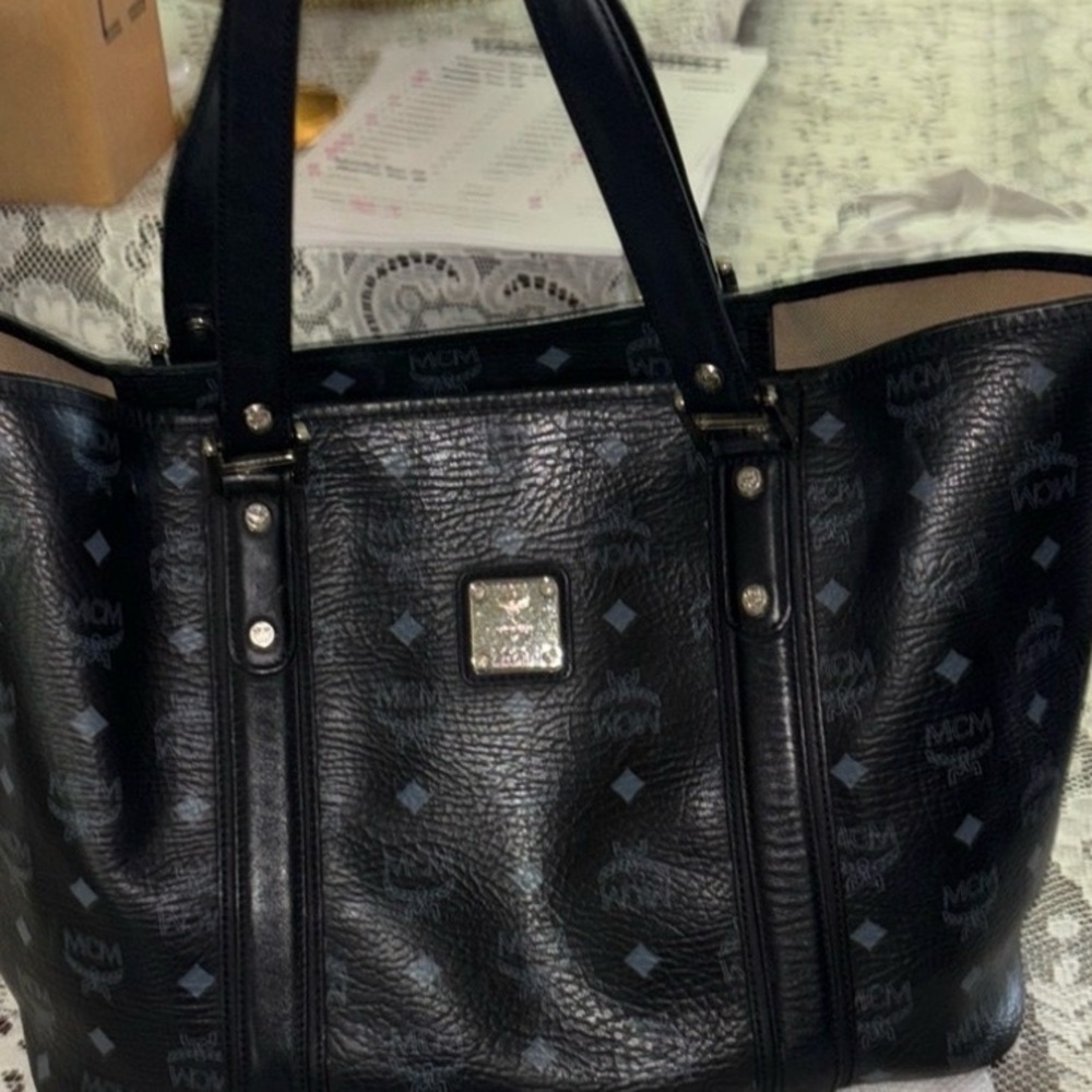 MCM Black and Gray genuine pebbled leather luxury version Tote pristine